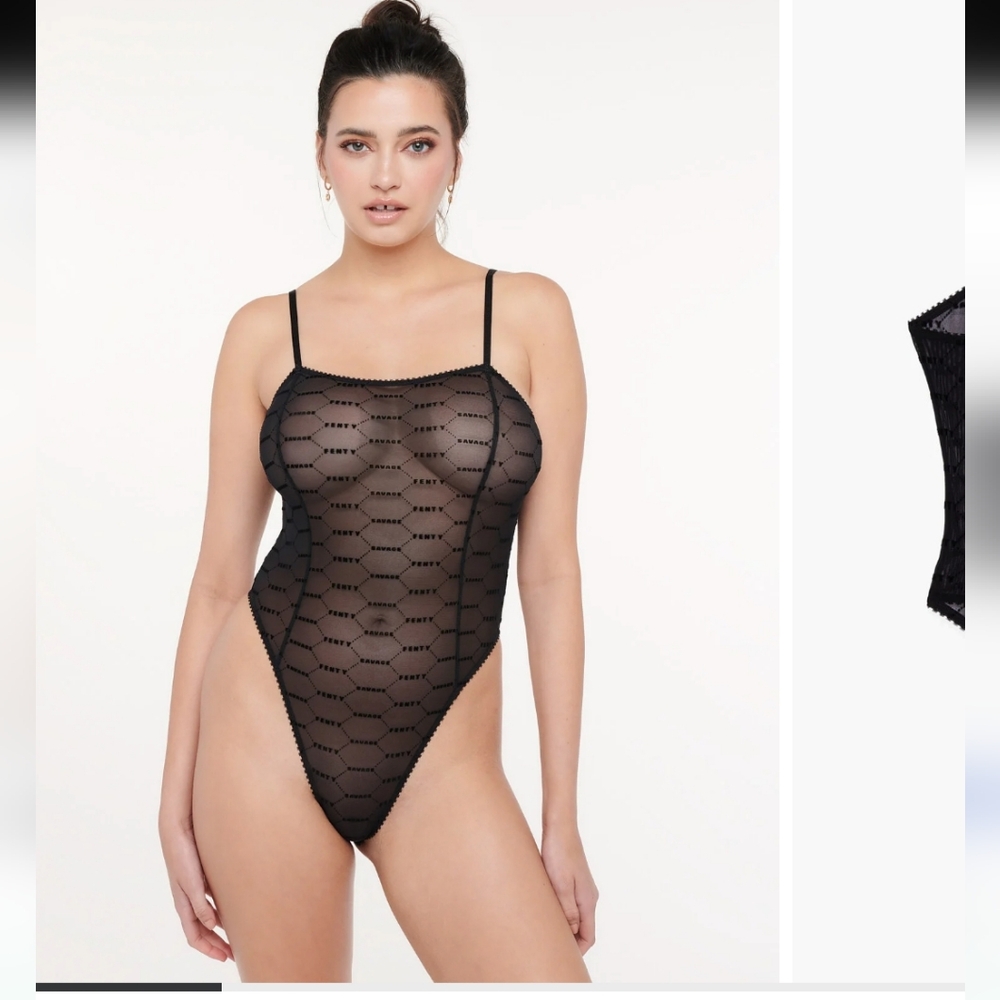 Savage X Fenty Flocked Logo Teddy Sheer Black Bodysuit Teddy Sz Med Women - Picture 11 of 12